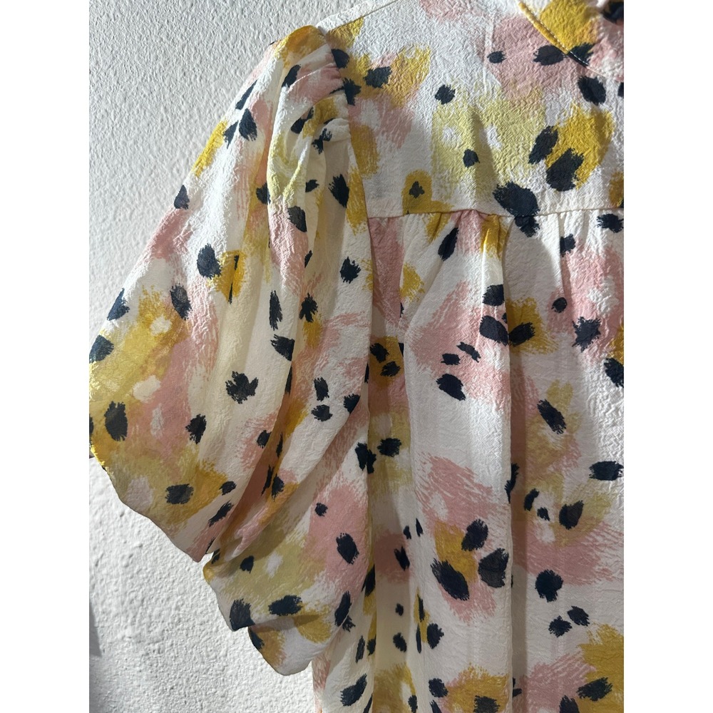Fate Blouse Womens Small Yellow Pink Abstract Floral Puff Sleeve Ruffle Neck Top - Picture 4 of 5